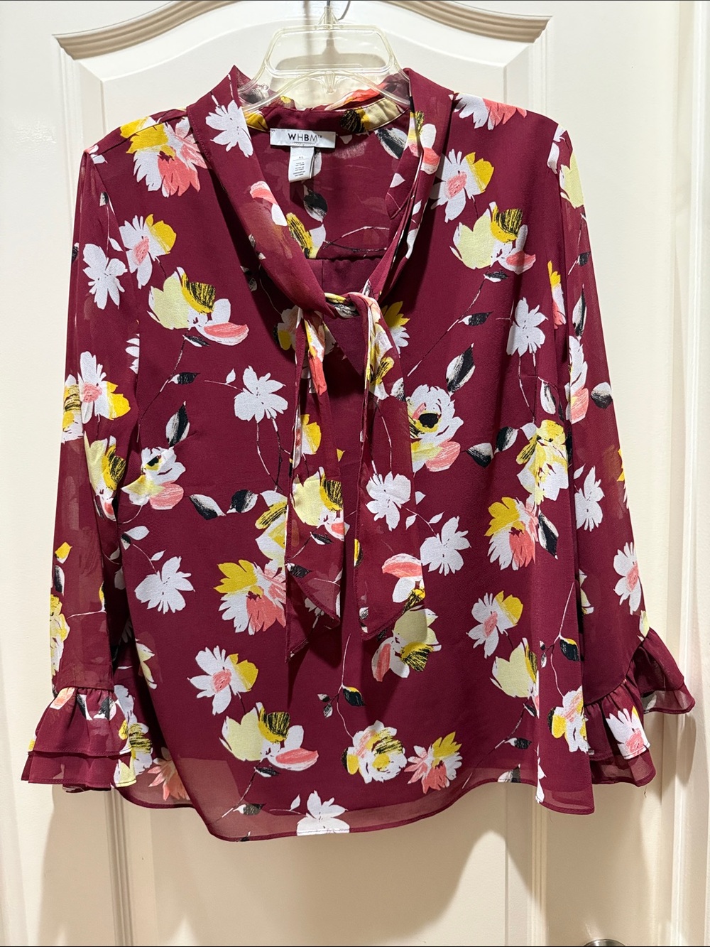WHBM Burgundy Floral Tie-Neck Blouse with Ruffle Cuffs XL